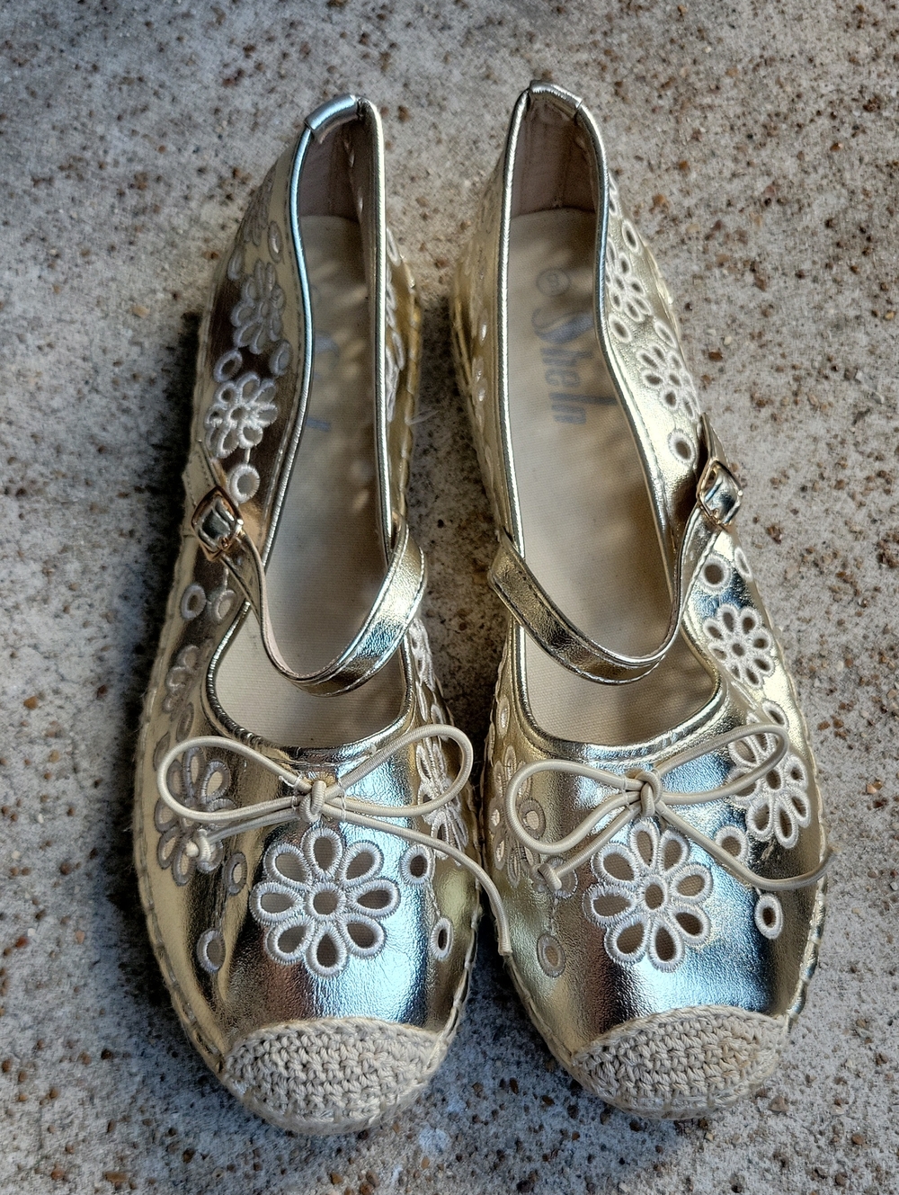 Metallic Gold Floral Mary Jane Ballet Flats with Crochet Toe